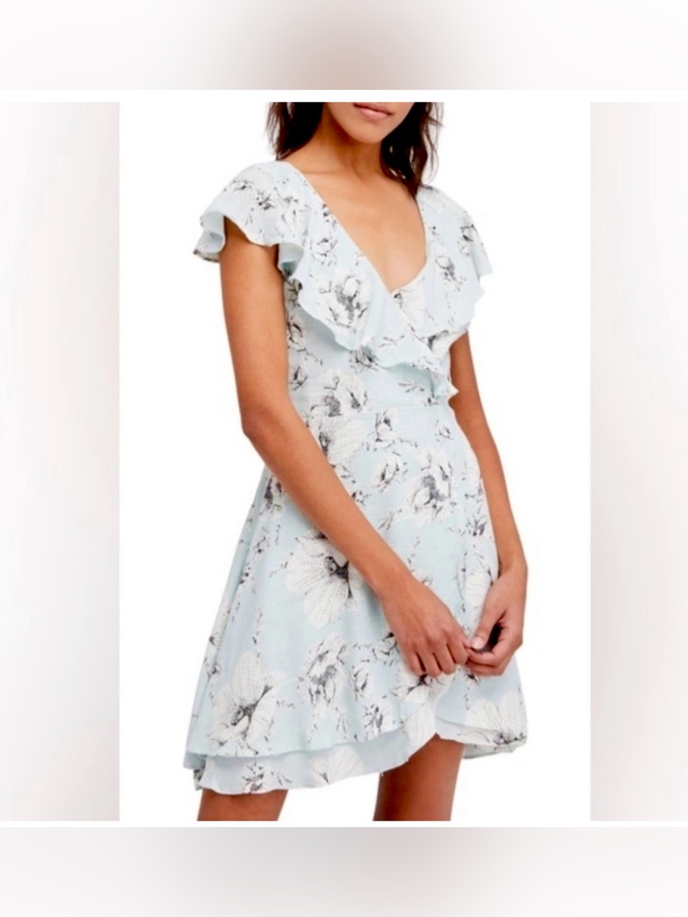 Free People French Quarter Light Blue Floral Wrap Mini Dress Large